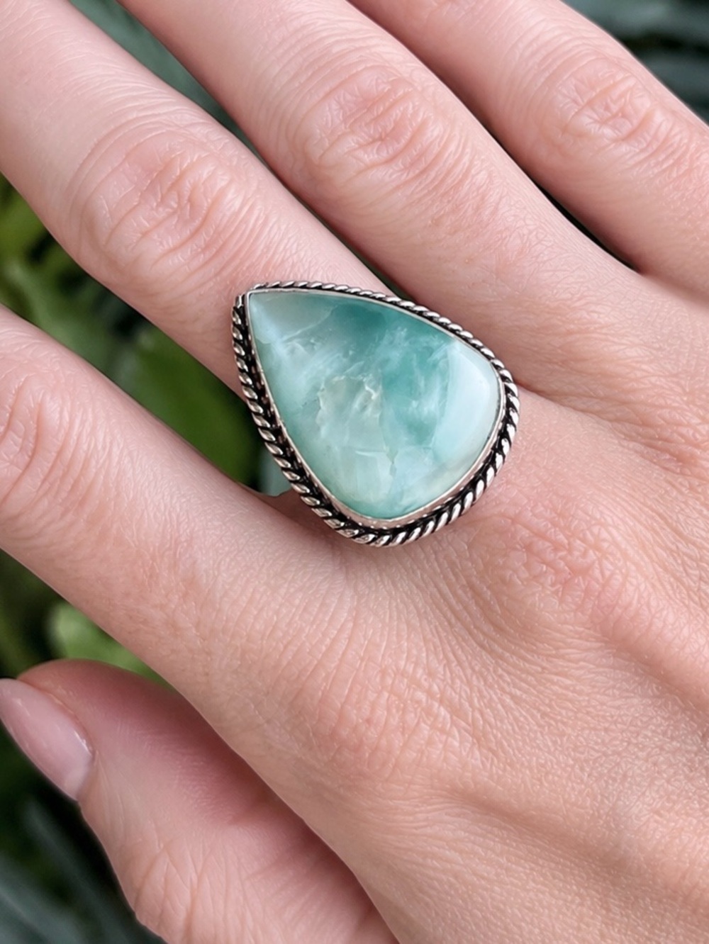 Teardrop Natural Larimar Sterling Silver Ring Sz 9
